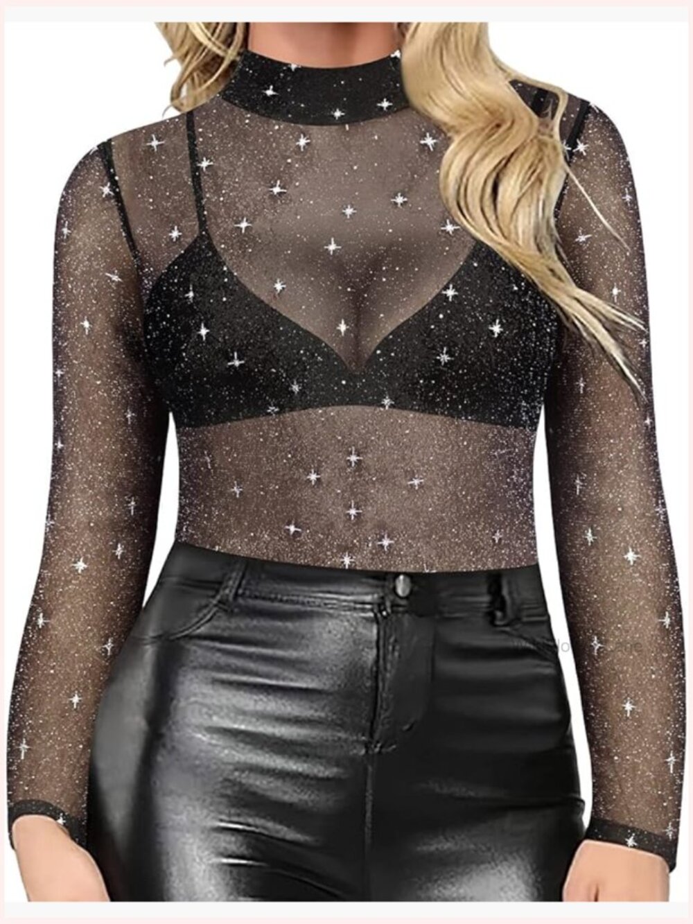 Plus Size Long Sleeve Sheer Mesh Top with Mock Neck